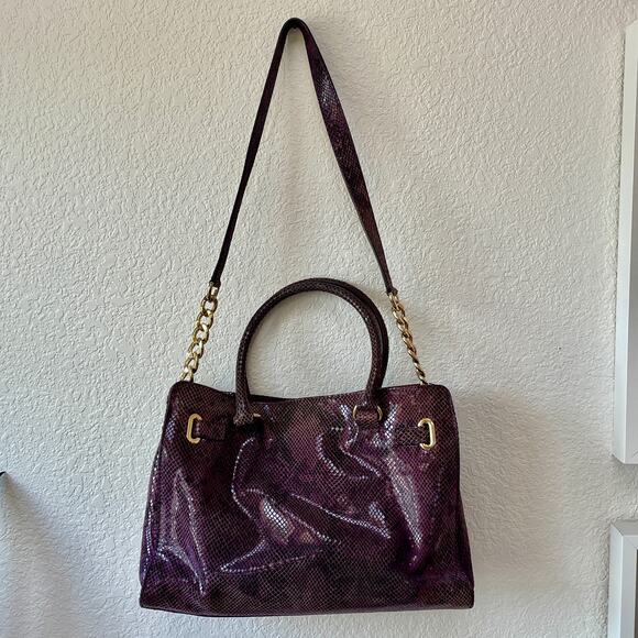 Michael Kors Hamilton Leather Purse Purple Snake Print Gold Chain - Picture 7 of 16